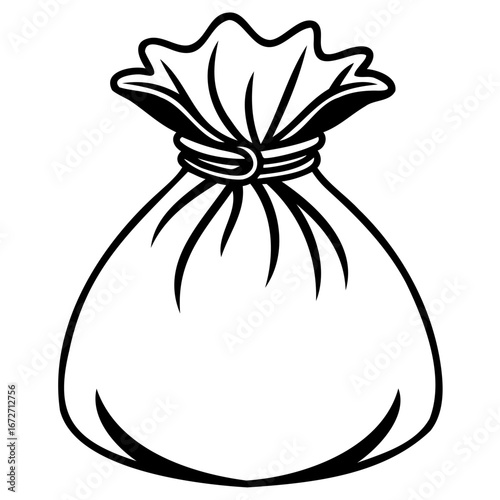 A simple black and white illustration of a drawstring bag, often used for carrying money or valuables