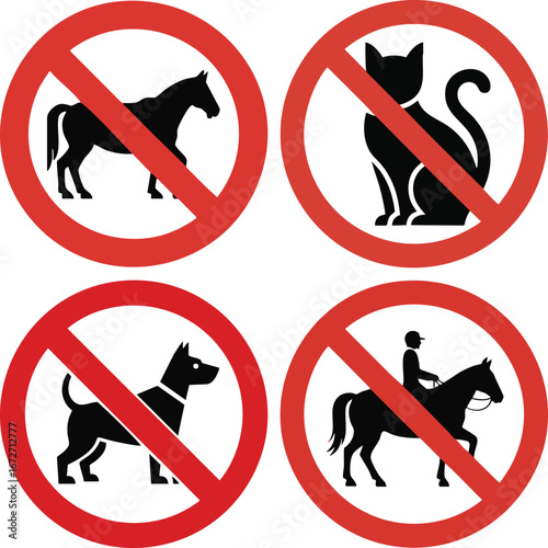 Prohibition Signs Showing No Entry For Pets Animals Including Dog Cat Horse And Horse Riding Silhouette Black Icons