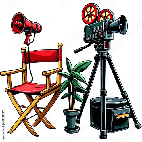 Retro filmmaking concept illustration featuring a director's chair, an old-fashioned movie camera, and a loud megaphone for production