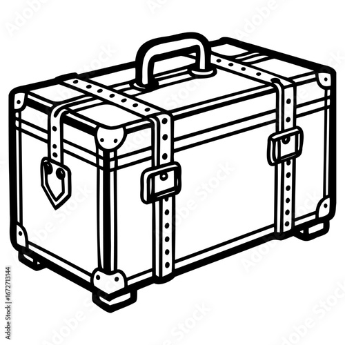 Vintage travel trunk with reinforced corners and straps, handdrawn illustration