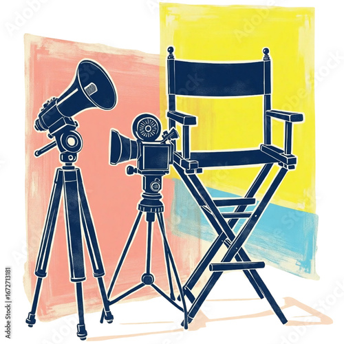 Artistic illustration of a classic film director's setup, featuring a vintage camera, chair, and megaphone against a colorful background