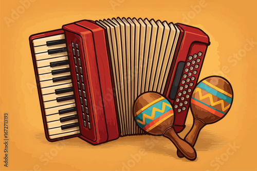 Traditional Accordion and Maracas Musical Instruments Illustration