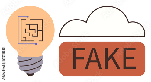 Light bulb showcasing a digital circuit beside a cloud labeled Fake, emphasizing technology, innovation, and misinformation. Ideal for AI, technology ethics, creativity, cloud computing