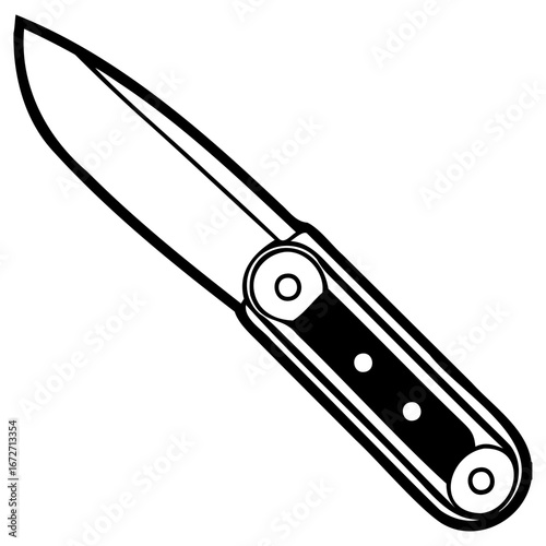 Illustration of a folding knife with a sharp blade and a handle featuring rivets and dark inserts, presented in a clean, isolated graphic