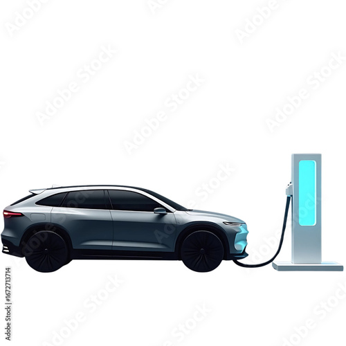 Futuristic electric SUV receiving a power boost at a clean energy charging station, representing advancements in sustainable mobility and responsible environmental practices