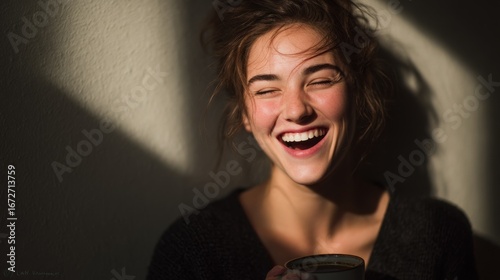 Radiant Young Woman Laughing Joyfully in Sunlit Room
