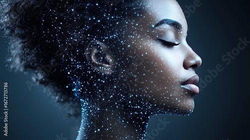 Networked mind, conceptual portrait of a woman with glowing digital connections