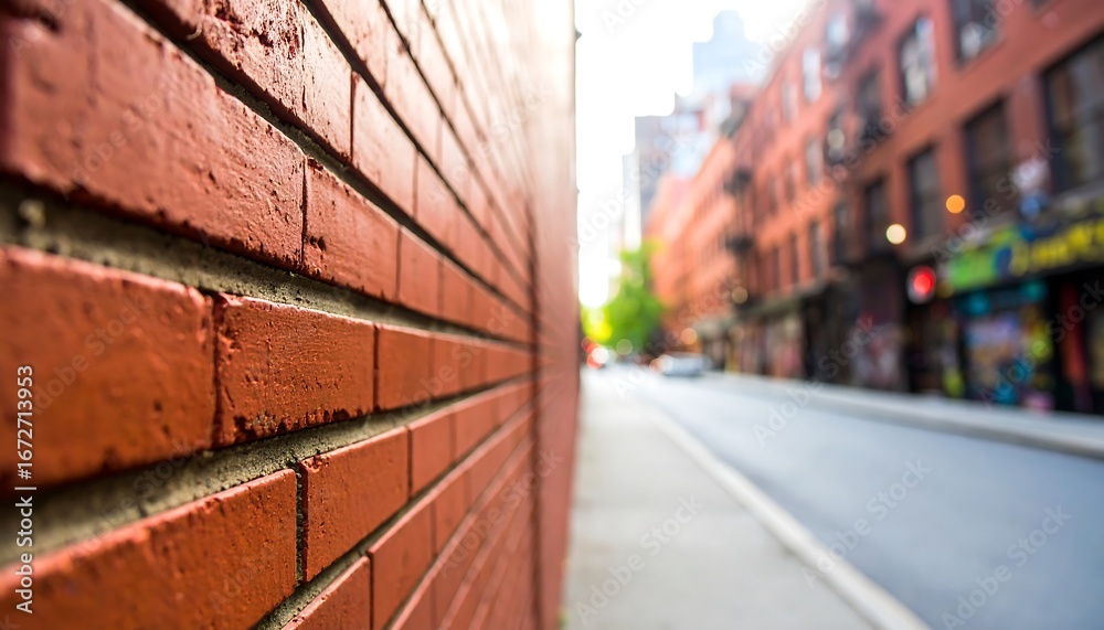 Fototapeta premium Brick wall corner, city street view
