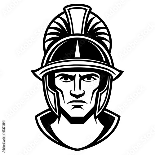 Roman soldier head illustration, warrior helmet, ancient warrior, military symbol, strong face, black and white graphic