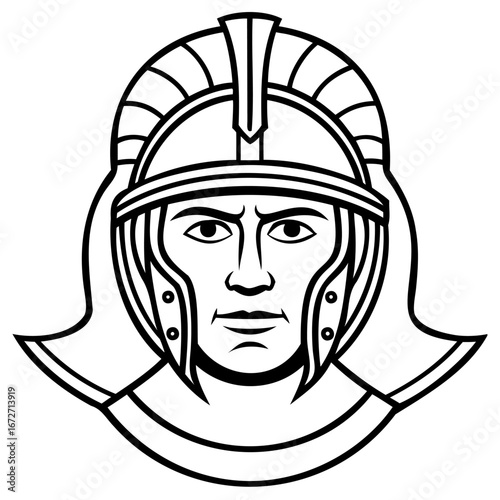 Ancient roman soldier head with helmet, black and white illustration, historical warrior portrait