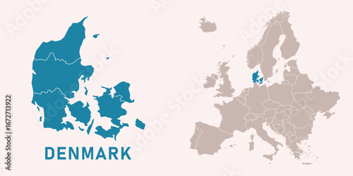 Map of Denmark with administrative divisions and highlighted position on Europe map. Isolated on white background. Vector illustration.