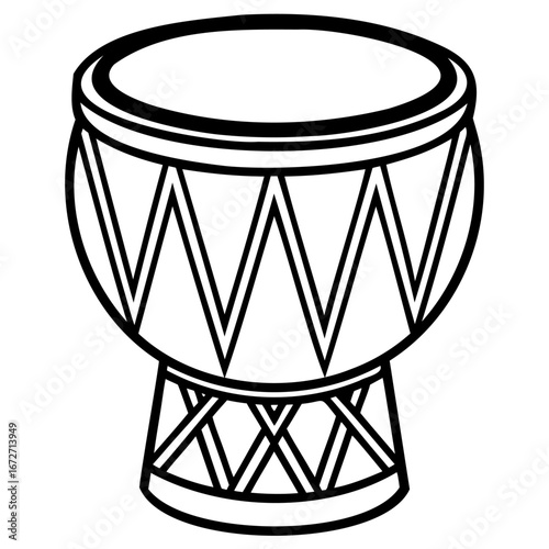 Djembe drum outline illustration, a traditional african percussion instrument with a goblet shape and decorative patterns