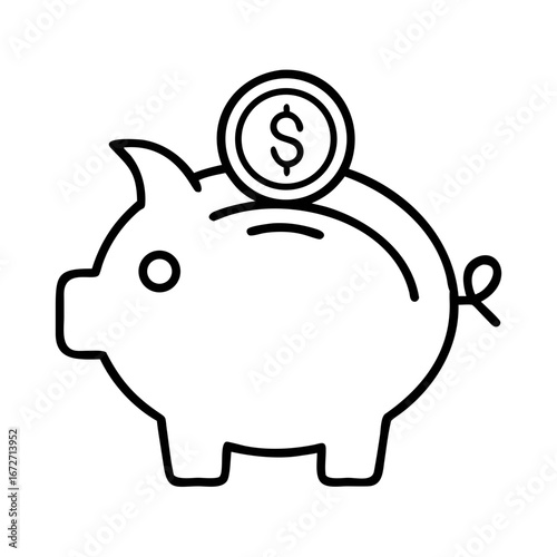 Piggy bank outline with a dollar coin on top representing savings and financial investment concept