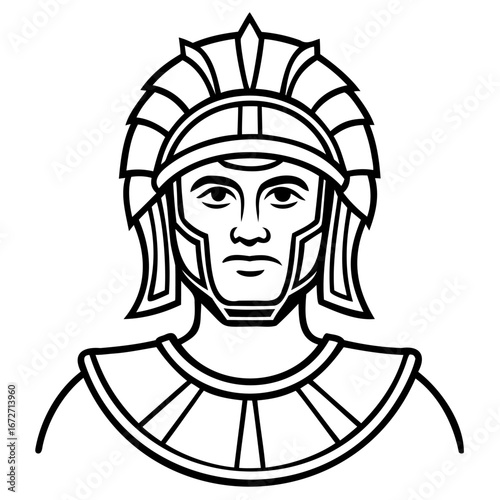 Illustration of a roman soldier in full armor and helmet, depicted in a classic black and white line art style