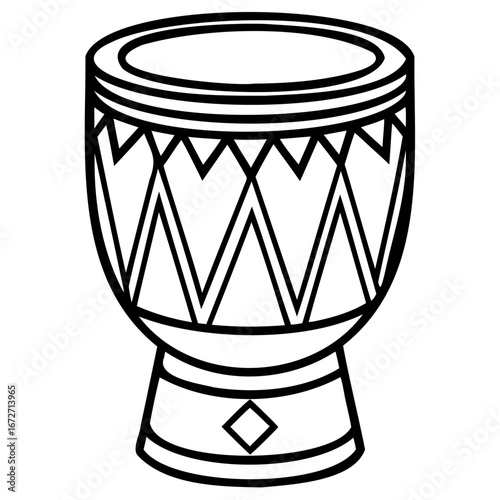 Djembe drum outline illustration, a traditional african percussion instrument with a goblet shape and decorative patterns