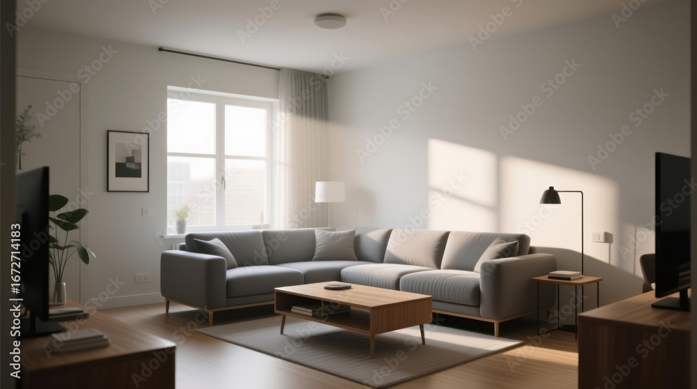 Fototapeta premium Bright, modern living room with sunbeams