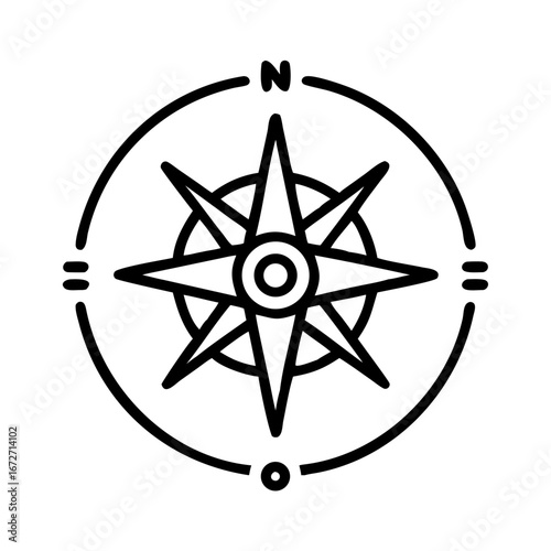 Line art compass rose with eight points inside a circle with cardinal direction markers on the perimeter