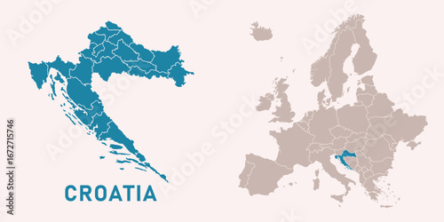 Map of Croatia with administrative divisions and highlighted position on Europe map. Isolated on white background. Vector illustration.