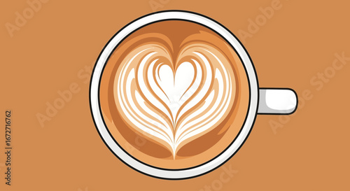 A top-down view of a white coffee cup with a beautiful heart-shaped latte art design.