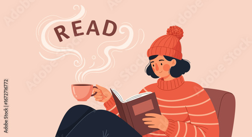 A cozy illustration of a woman in a warm sweater and hat, reading a book while holding a steaming hot drink.