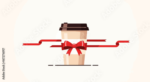A disposable coffee cup with a dark lid is wrapped with a festive red ribbon and bow, presented as a special gift.