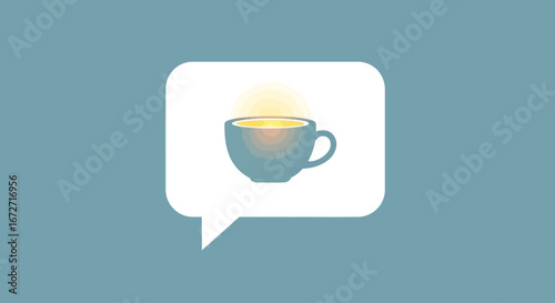 A stylized illustration featuring a steaming cup of tea inside a speech bubble, suggesting a conversation.