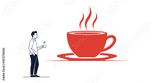 A minimalist illustration of a man holding a small cup near a large steaming coffee cup.