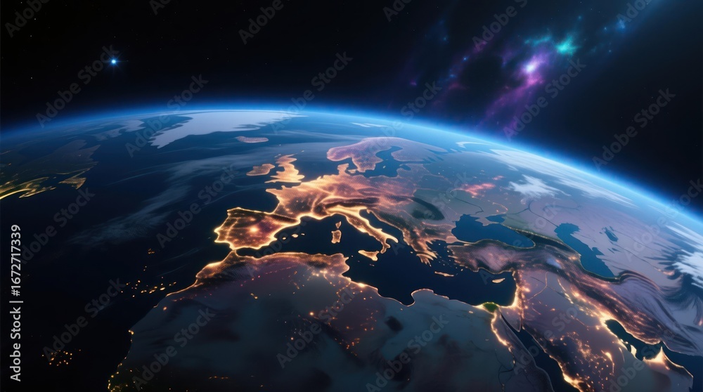 Obraz premium Earth's European nightlight from space. Cosmic glow highlights continent's urban sprawl