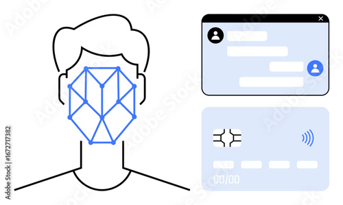 Facial recognition grid on a head outline, chat interface with user icons, and a contactless payment card. Ideal for technology, biometrics, security, online banking, identity verification, AI