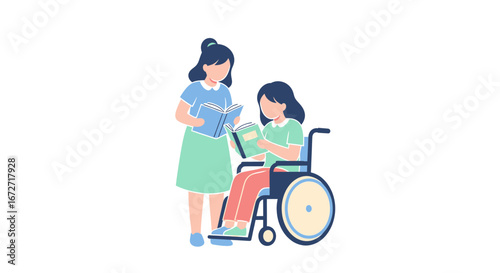 Caring caregiver shares story with child in wheelchair, fostering connection and learning through books