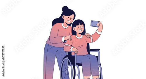 Joyful women friends share a happy selfie moment, one in a wheelchair, capturing connection and modern lifestyle.