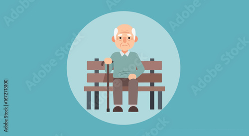 Wise elderly gentleman confidently rests on park bench holding cane, embodying peaceful senior living and thoughtful reflection.