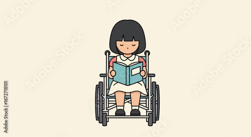 Young girl engrossed in reading a book while comfortably seated in a wheelchair, symbolizing education and inclusivity
