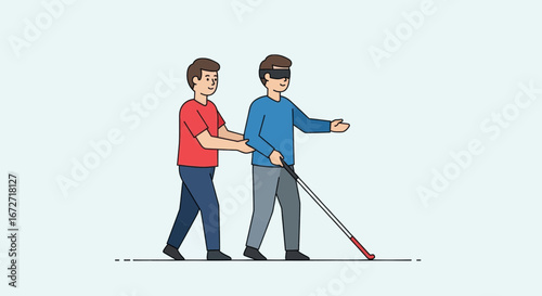 Compassionate friend guides blind person, symbolizing support, empathy, and inclusion for a better tomorrow.