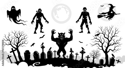 A spooky Halloween scene with various monster and objects silhouettes, with black and white theme. The full moon gives an even spooky vibe