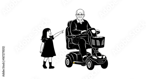 Joyful child points excitedly at smiling grandfather enjoying a ride on his mobility scooter with a full basket