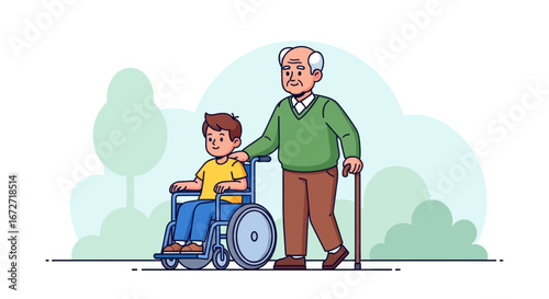 Joyful grandfather lovingly guides his grandson in a wheelchair through a park, celebrating intergenerational connection and outdoor activity