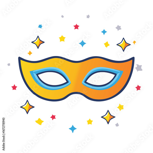 Colorful masquerade mask with confetti star bursts on a white background