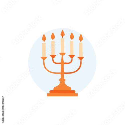 Illustration of a five-branched menorah with lit candles and a light blue background