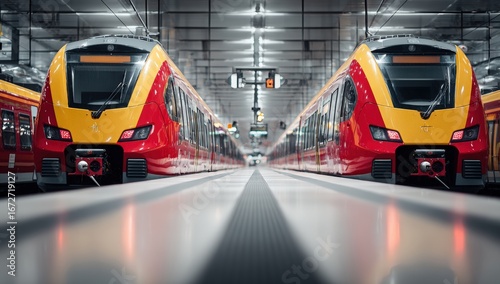Modern trains in a spacious depot