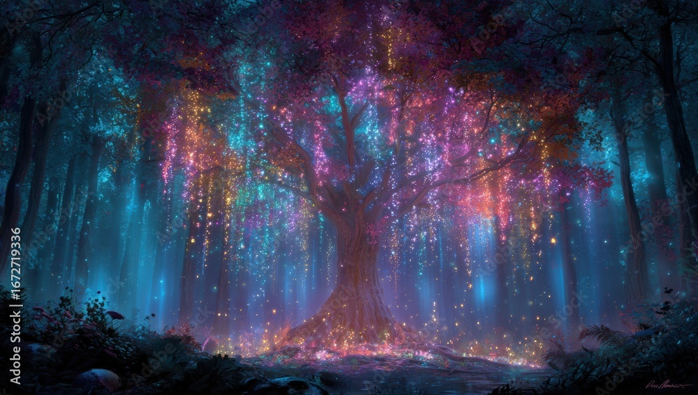 Fototapeta premium Enchanting glowing tree in a mystical forest