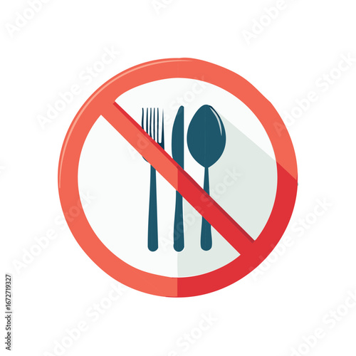 No food or drinks allowed warning sign with fork, spoon, knife inside a forbidden symbol, conceptual illustration