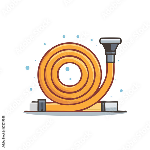 Orange garden hose coiled with a spray nozzle and water droplets