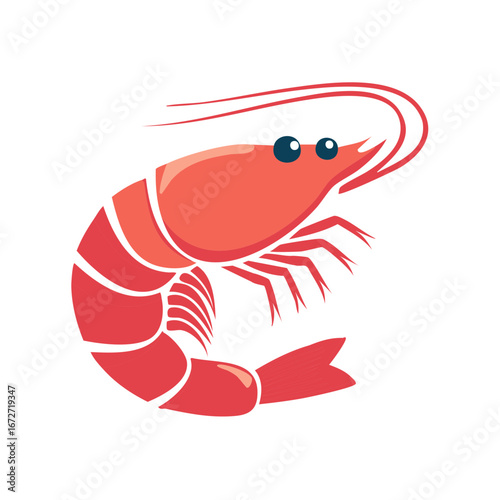 Stylized red shrimp illustration with simple flat design and blue eyes