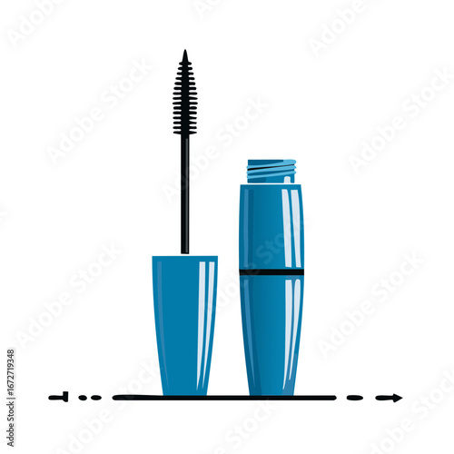 Mascara vector illustration with open tube and applicator, makeup design concept.