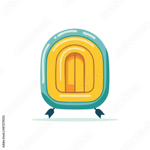 Vibrant illustration of a yellow and blue rubber dinghy with paddles ready for river rafting