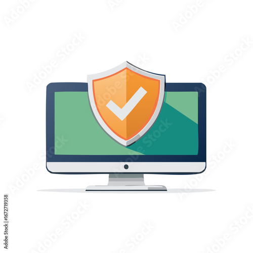 Computer with shield and checkmark icon symbolizing digital security and protection