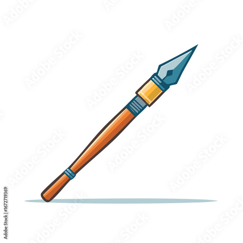 Illustration of a blue tipped and wood shaft spear lying with a cast shadow for war or hunting