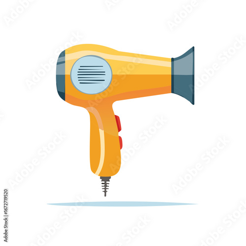 Modern orange hair dryer with red buttons and blue accent detail illustration on white background