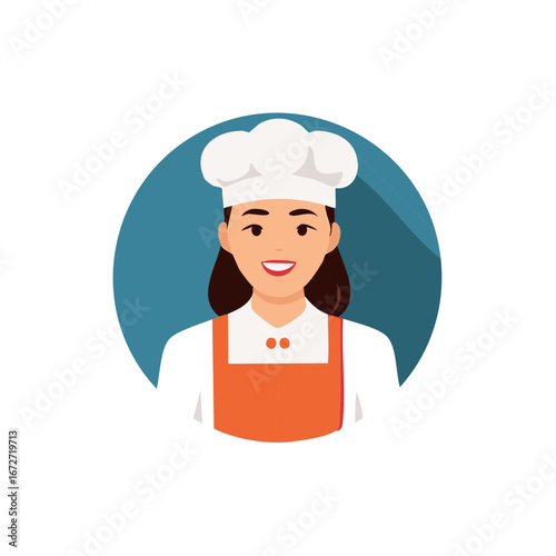 Female chef icon portrait in orange apron and toque smiling